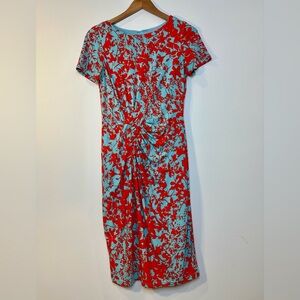 Adrianna Papell Faux Wrap Midi Dress Short Sleeve Size 4 Blue Red Floral Print